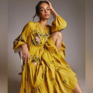 NWT Anthropologie SAMANT CHAUHAN Floral Tassel Trim Embroidered Vneck Maxi Dress